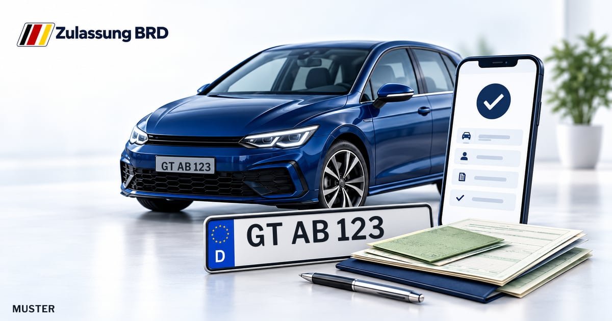 Online Fahrzeugzulassung in Rietberg: Musterkennzeichen GT AB 123, Auto und Fahrzeugpapiere und Smartphone. Illustration mit Logo von Zulassung BRD.